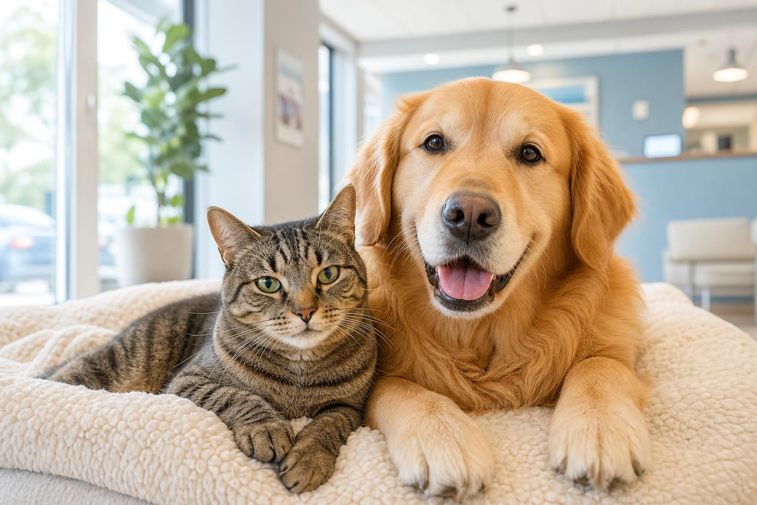A golden retriever and tabby cat resting together at Angelcare Animal Hospital
